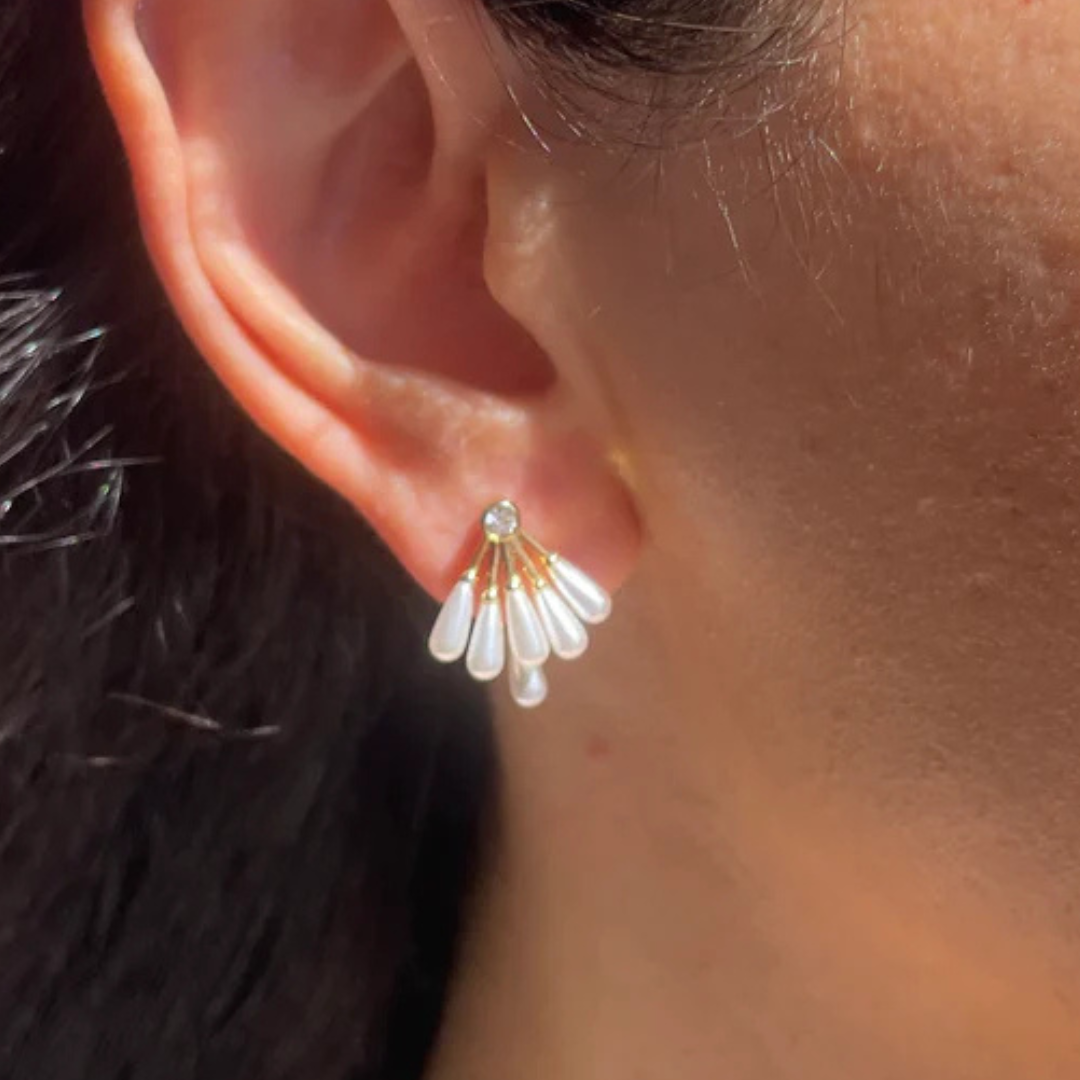 Raindrop Pearl Fan Earrings-18K Gold Filled with Crystal Accent